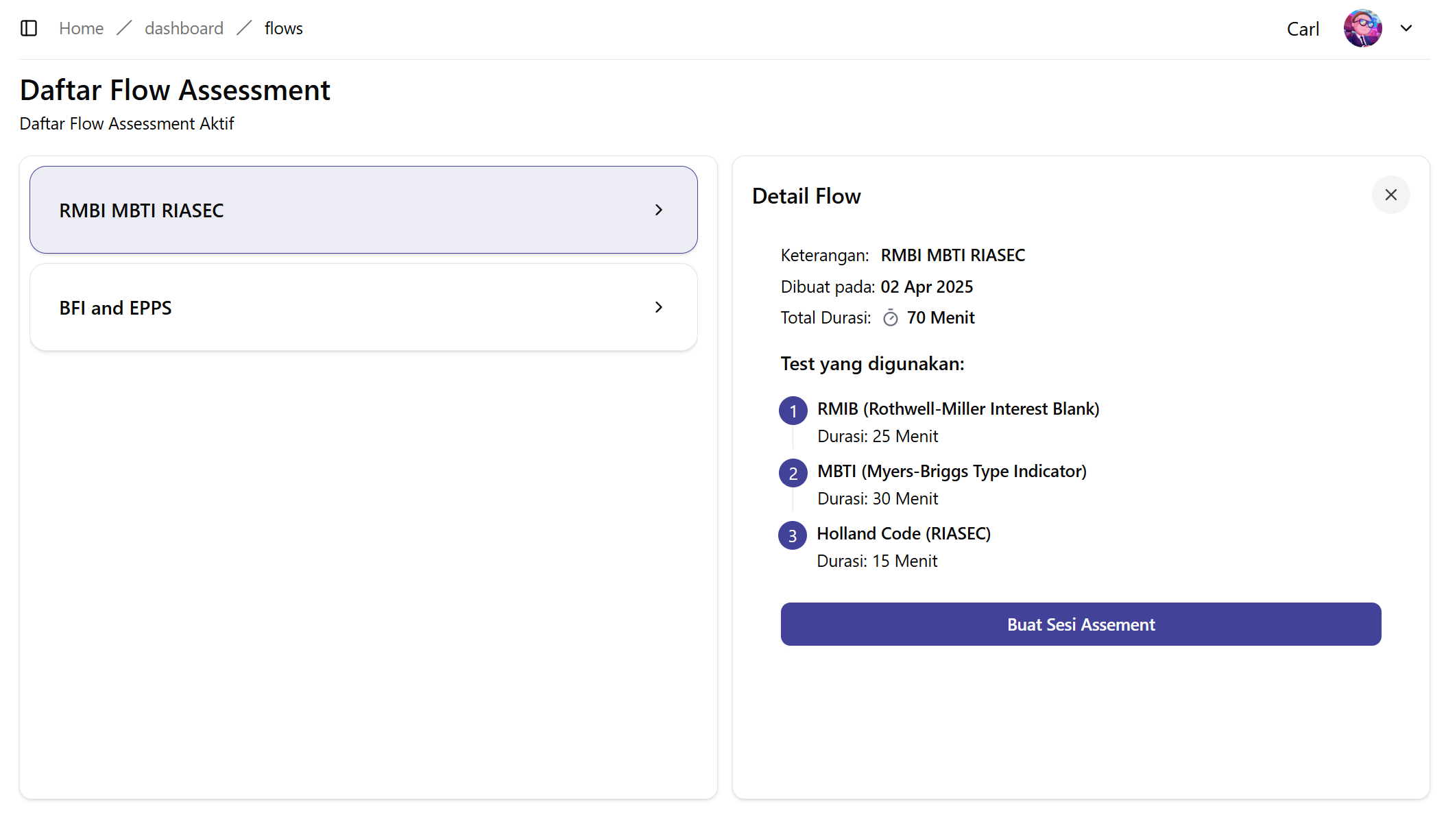 Dashboard asesmen online dengan antarmuka intuitif untuk kemudahan penggunaan